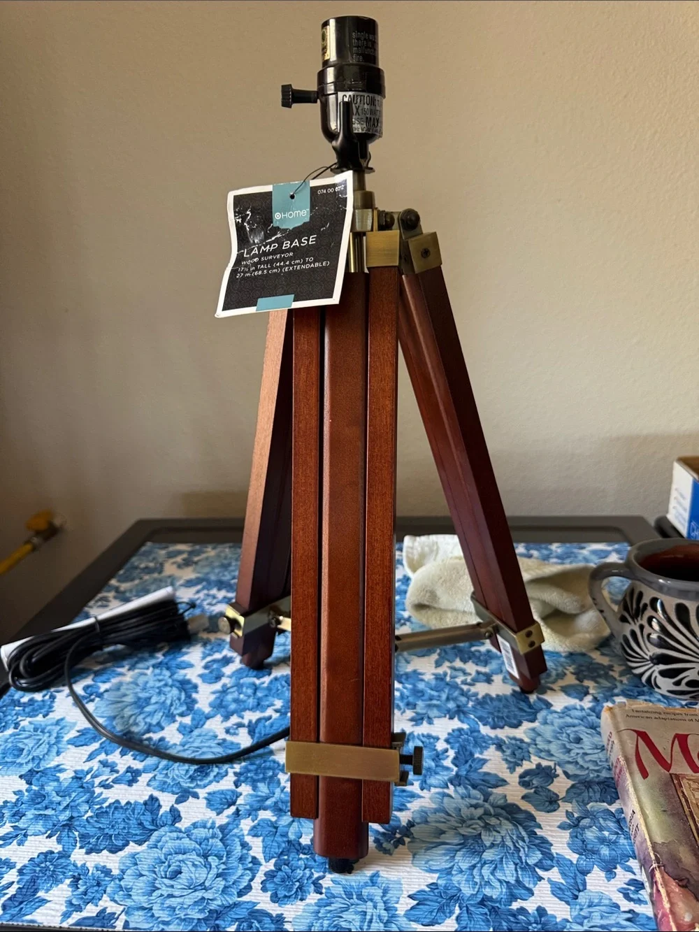 Extendable Wood Tripod Lamp Base with Brass Accents - Brown